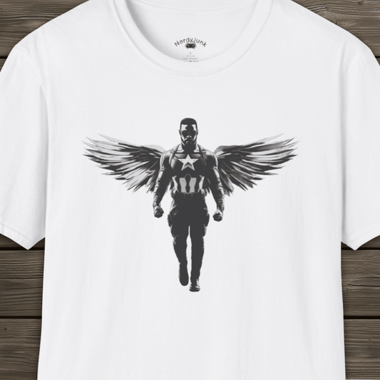 Cap with Wings, Captain America inspired Unisex Softstyle T-Shirt, Cool Graphic Tee, Avengers Shirt, Superhero Top, Gift for Marvel Fan