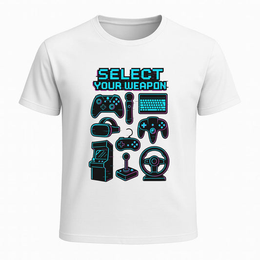 Select Your Weapon – Neon Glitch Gamer T-Shirt - Gaming Lifestyle T-Shirt